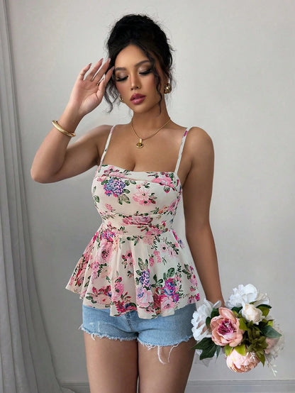 Elenzga Women's Print Elegant Romantic Summer Top