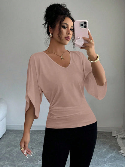 Elenzga Women's Solid Color Batwing Sleeve V-Neck Short Sleeve T-Shirt