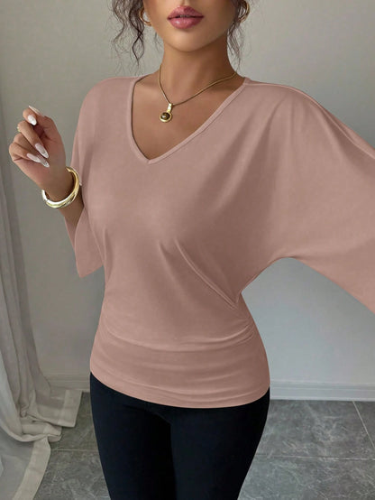 Elenzga Women's Solid Color Batwing Sleeve V-Neck Short Sleeve T-Shirt