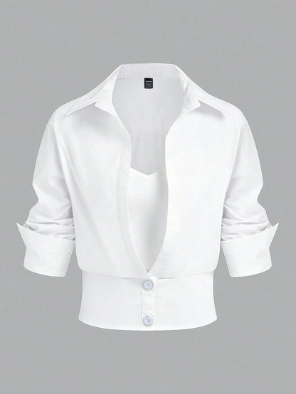 Elenzga Women's Solid Color Button Pleated Elegant Fashion Long Sleeve Blouse