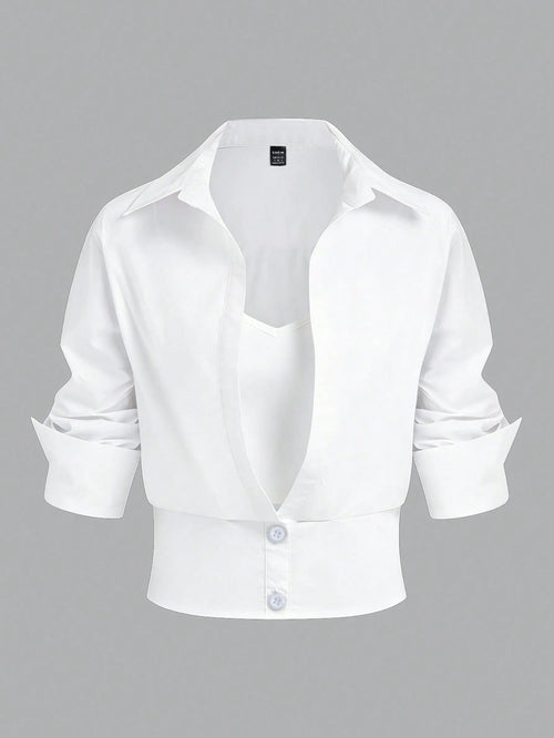 Elenzga Women's Solid Color Button Pleated Elegant Fashion Long Sleeve Blouse