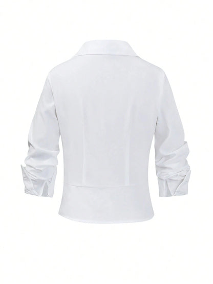 Elenzga Women's Solid Color Button Pleated Elegant Fashion Long Sleeve Blouse