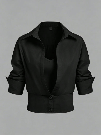 Elenzga Women's Solid Color Button Pleated Elegant Fashion Long Sleeve Blouse