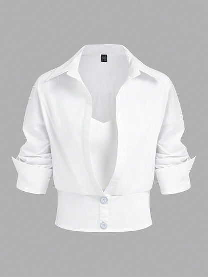 Elenzga Women's Solid Color Button Pleated Elegant Fashion Long Sleeve Blouse