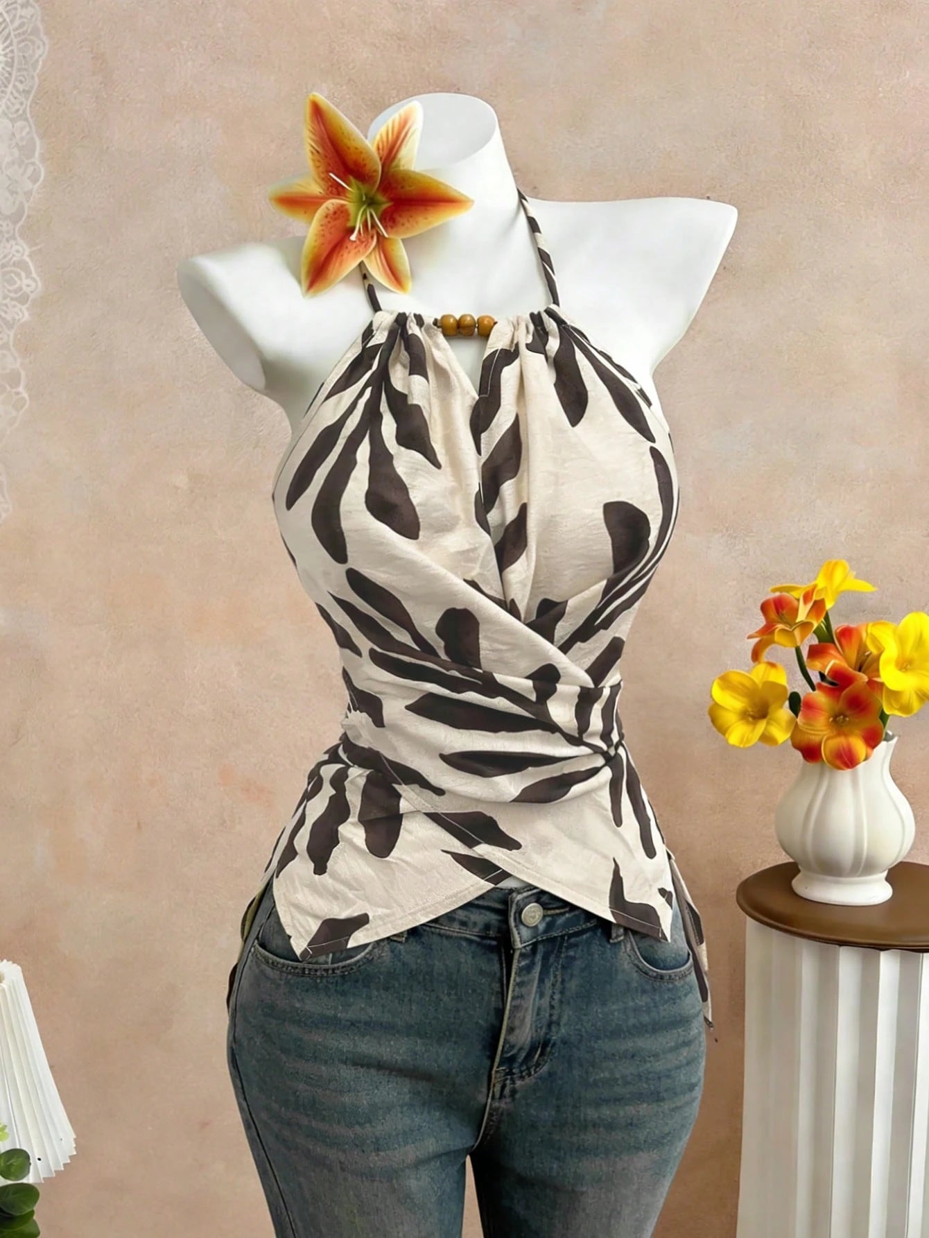 Elenzga Women's Summer Boho Holiday Vacation Beige Leaf Print Halter Neck Tank Top,Elegant Sleeveless Bow Tie Neckline Wooden Bead Asymmetric Hem Slim Fit