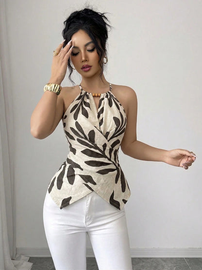 Elenzga Women's Summer Boho Holiday Vacation Beige Leaf Print Halter Neck Tank Top,Elegant Sleeveless Bow Tie Neckline Wooden Bead Asymmetric Hem Slim Fit
