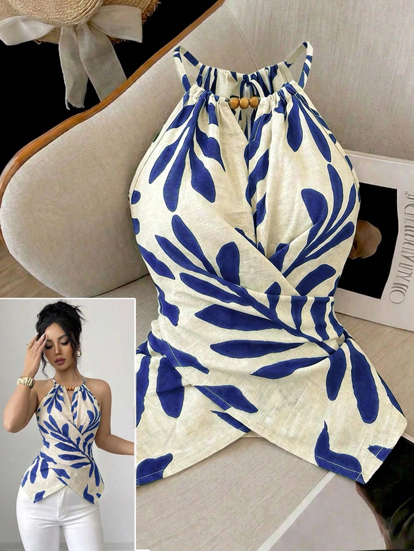 Elenzga Women's Summer Boho Holiday Vacation Beige Leaf Print Halter Neck Tank Top,Elegant Sleeveless Bow Tie Neckline Wooden Bead Asymmetric Hem Slim Fit