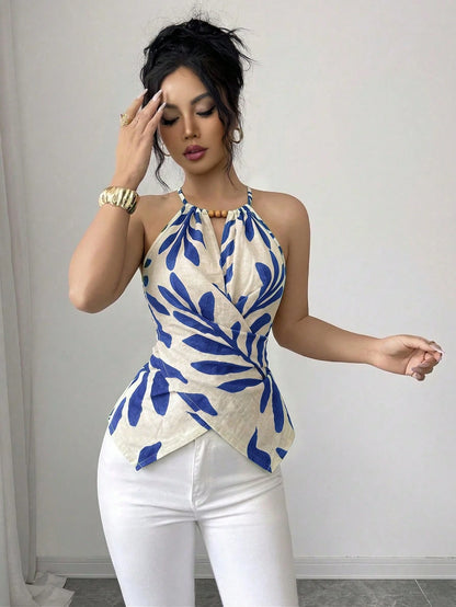 Elenzga Women's Summer Boho Holiday Vacation Beige Leaf Print Halter Neck Tank Top,Elegant Sleeveless Bow Tie Neckline Wooden Bead Asymmetric Hem Slim Fit