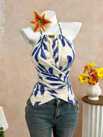 Elenzga Women's Summer Boho Holiday Vacation Beige Leaf Print Halter Neck Tank Top,Elegant Sleeveless Bow Tie Neckline Wooden Bead Asymmetric Hem Slim Fit