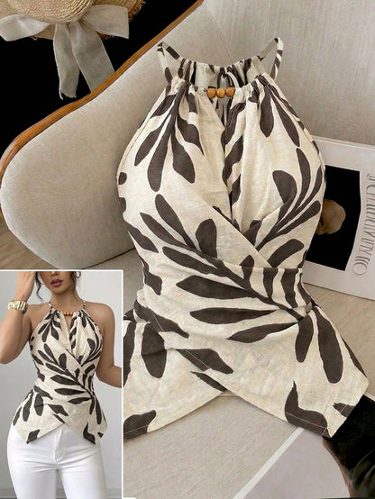Elenzga Women's Summer Boho Holiday Vacation Beige Leaf Print Halter Neck Tank Top,Elegant Sleeveless Bow Tie Neckline Wooden Bead Asymmetric Hem Slim Fit