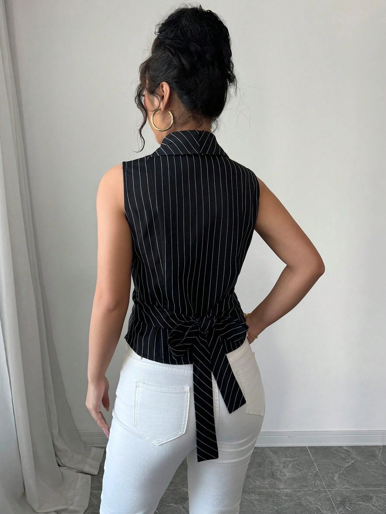 Elenzga Women Striped Shawl Collar Sleeveless Casual Shirt