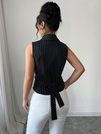 Elenzga Women Striped Shawl Collar Sleeveless Casual Shirt