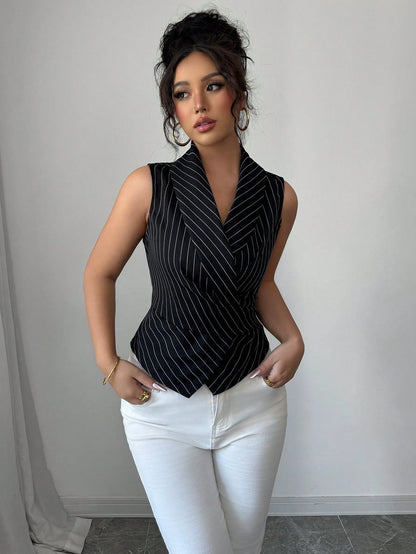 Elenzga Women Striped Shawl Collar Sleeveless Casual Shirt