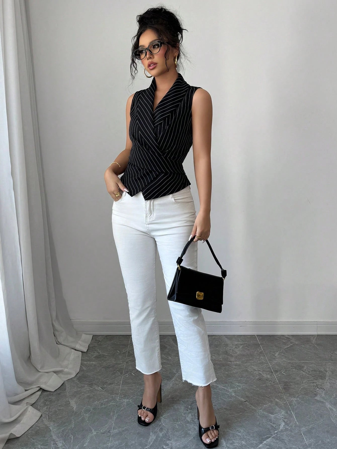 Elenzga Women Striped Shawl Collar Sleeveless Casual Shirt