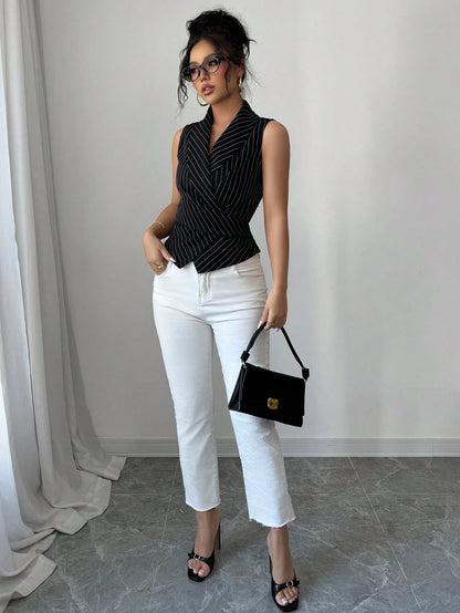 Elenzga Women Striped Shawl Collar Sleeveless Casual Shirt