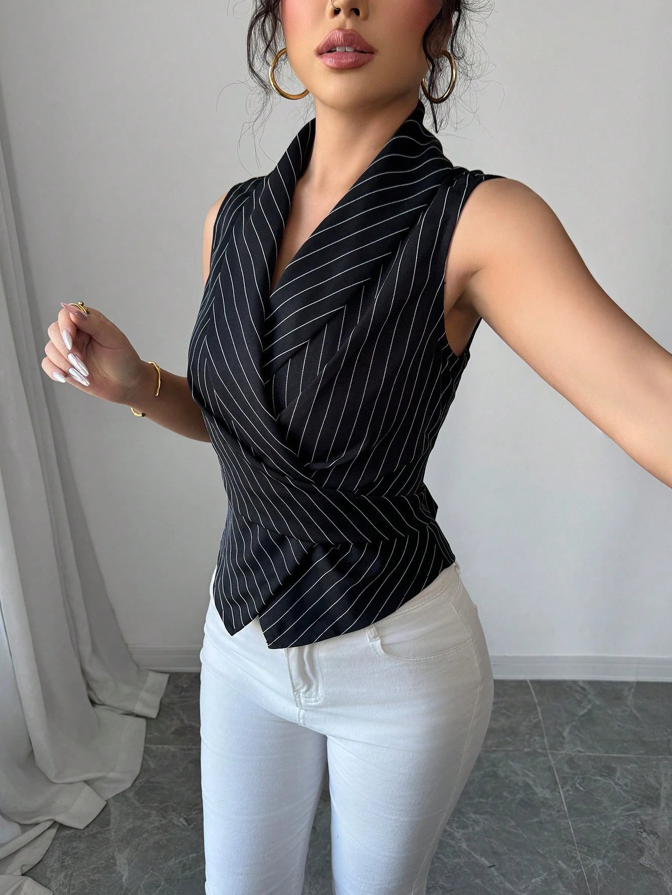 Elenzga Women Striped Shawl Collar Sleeveless Casual Shirt