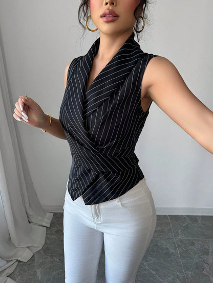 Elenzga Women Striped Shawl Collar Sleeveless Casual Shirt