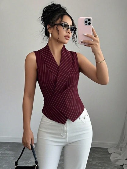 Elenzga Women Striped Shawl Collar Sleeveless Casual Shirt