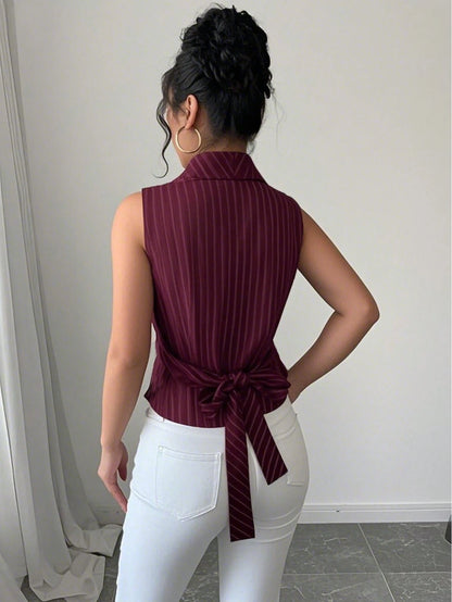 Elenzga Women Striped Shawl Collar Sleeveless Casual Shirt