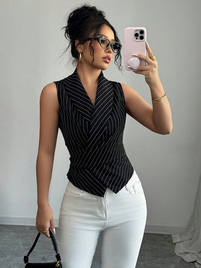 Elenzga Women Striped Shawl Collar Sleeveless Casual Shirt