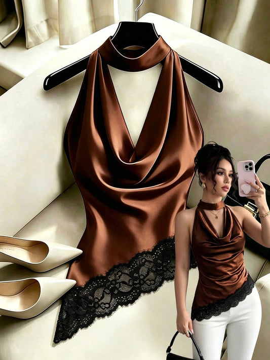 Elenzya Summer Romantic Exquisite Elegant Lace Trim Colorblock Satin Fabric Draped Neck Ruffle Collar Backless Waist-Cinching Asymmetrical Hem Women's Tank Top