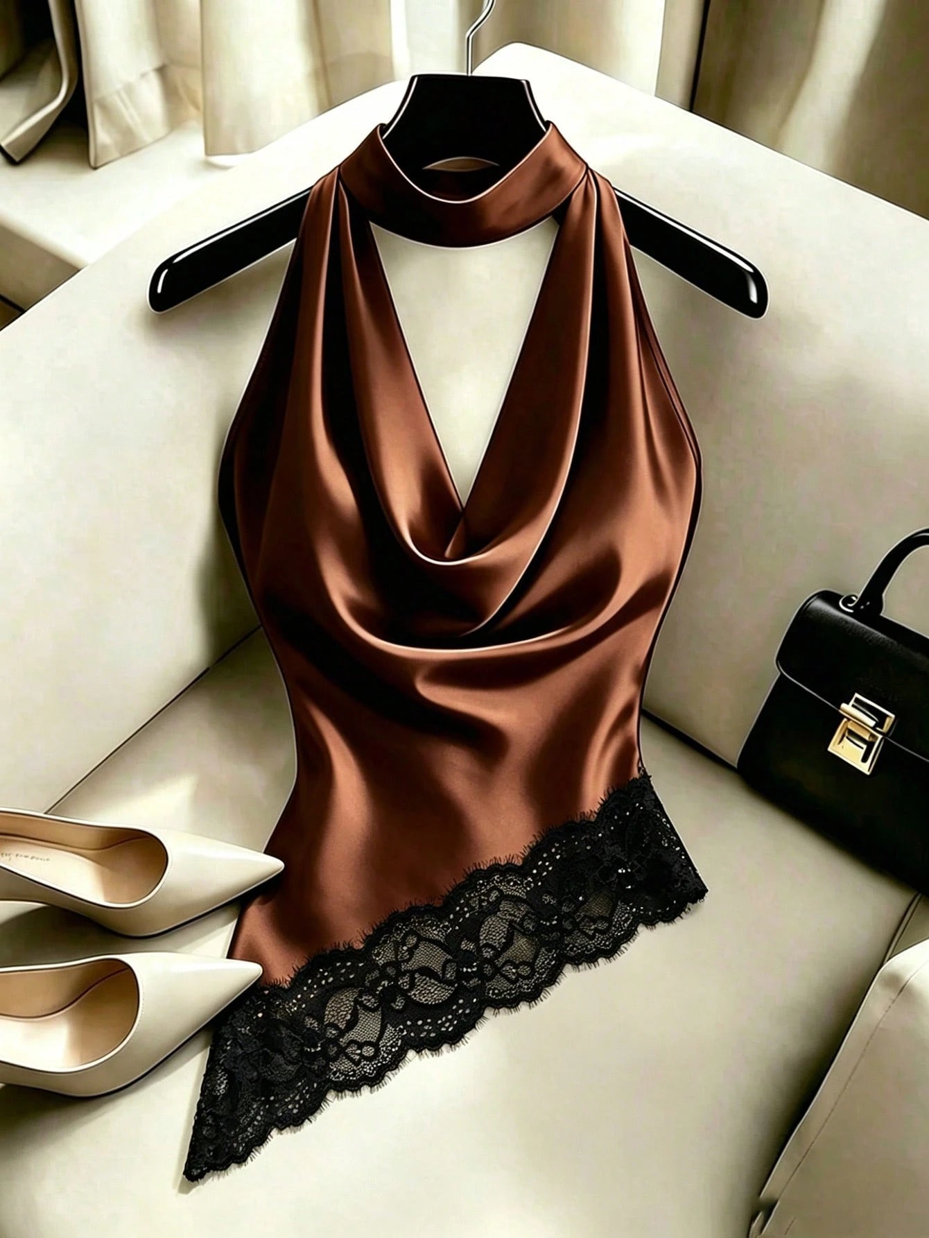 Elenzya Summer Romantic Exquisite Elegant Lace Trim Colorblock Satin Fabric Draped Neck Ruffle Collar Backless Waist-Cinching Asymmetrical Hem Women's Tank Top