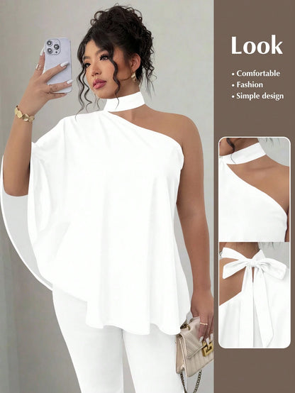 Elenzya White Casual Plus Size Asymmetrical Neck Batwing Sleeve Blouse Regular Length Fall