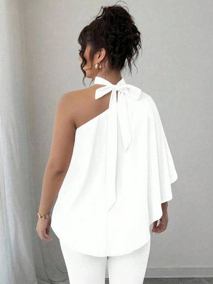 Elenzya White Casual Plus Size Asymmetrical Neck Batwing Sleeve Blouse Regular Length Fall