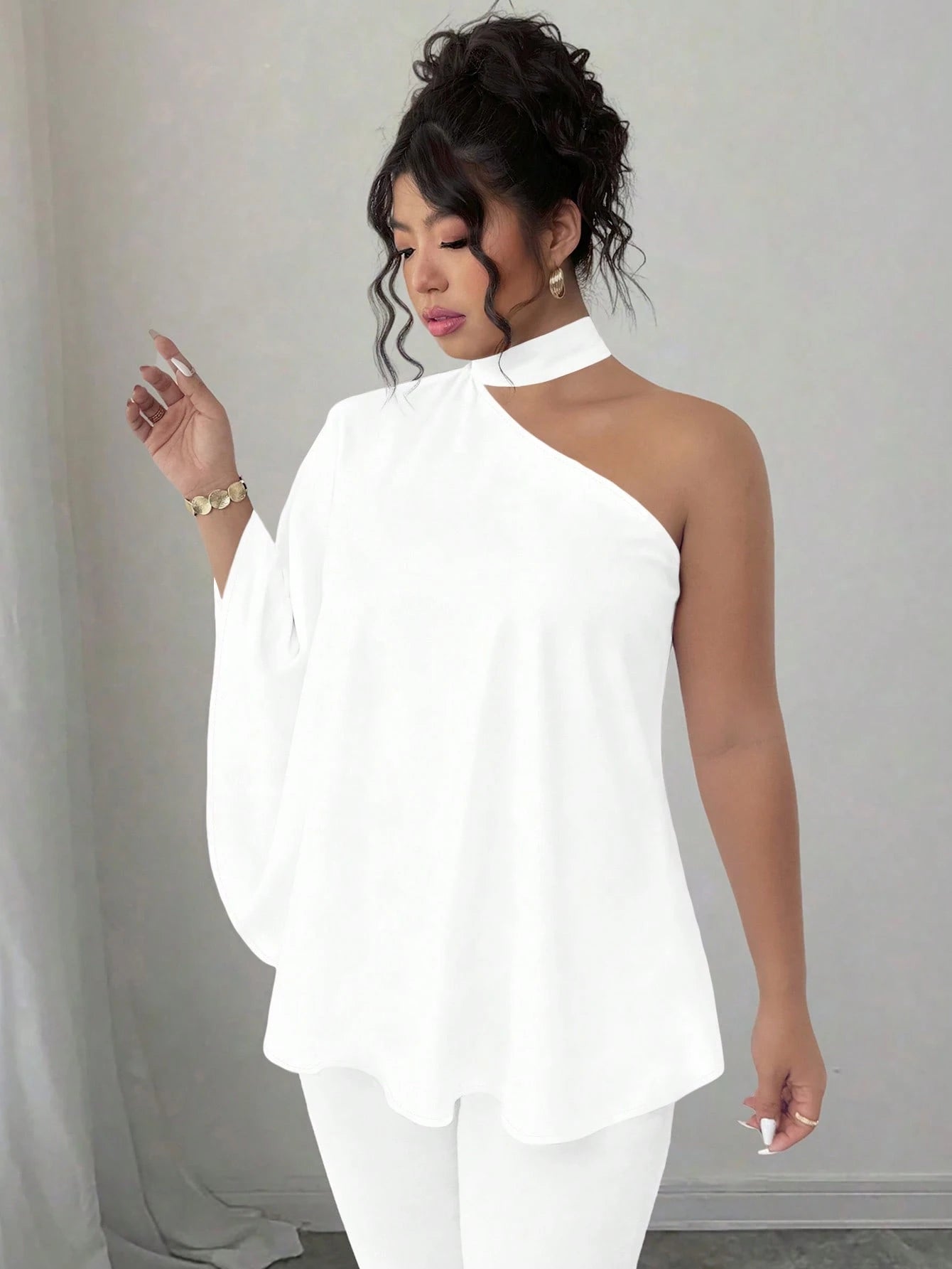 Elenzya White Casual Plus Size Asymmetrical Neck Batwing Sleeve Blouse Regular Length Fall