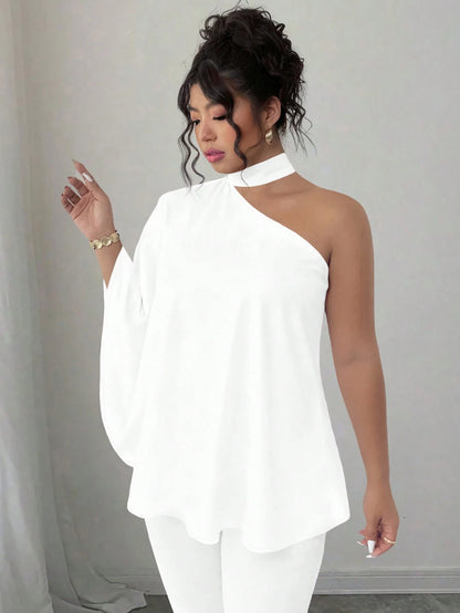 Elenzya White Casual Plus Size Asymmetrical Neck Batwing Sleeve Blouse Regular Length Fall