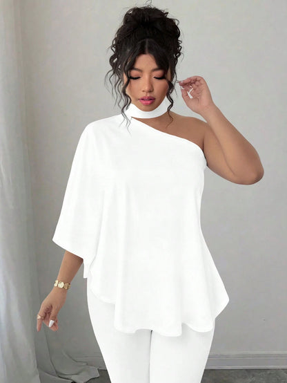 Elenzya White Casual Plus Size Asymmetrical Neck Batwing Sleeve Blouse Regular Length Fall