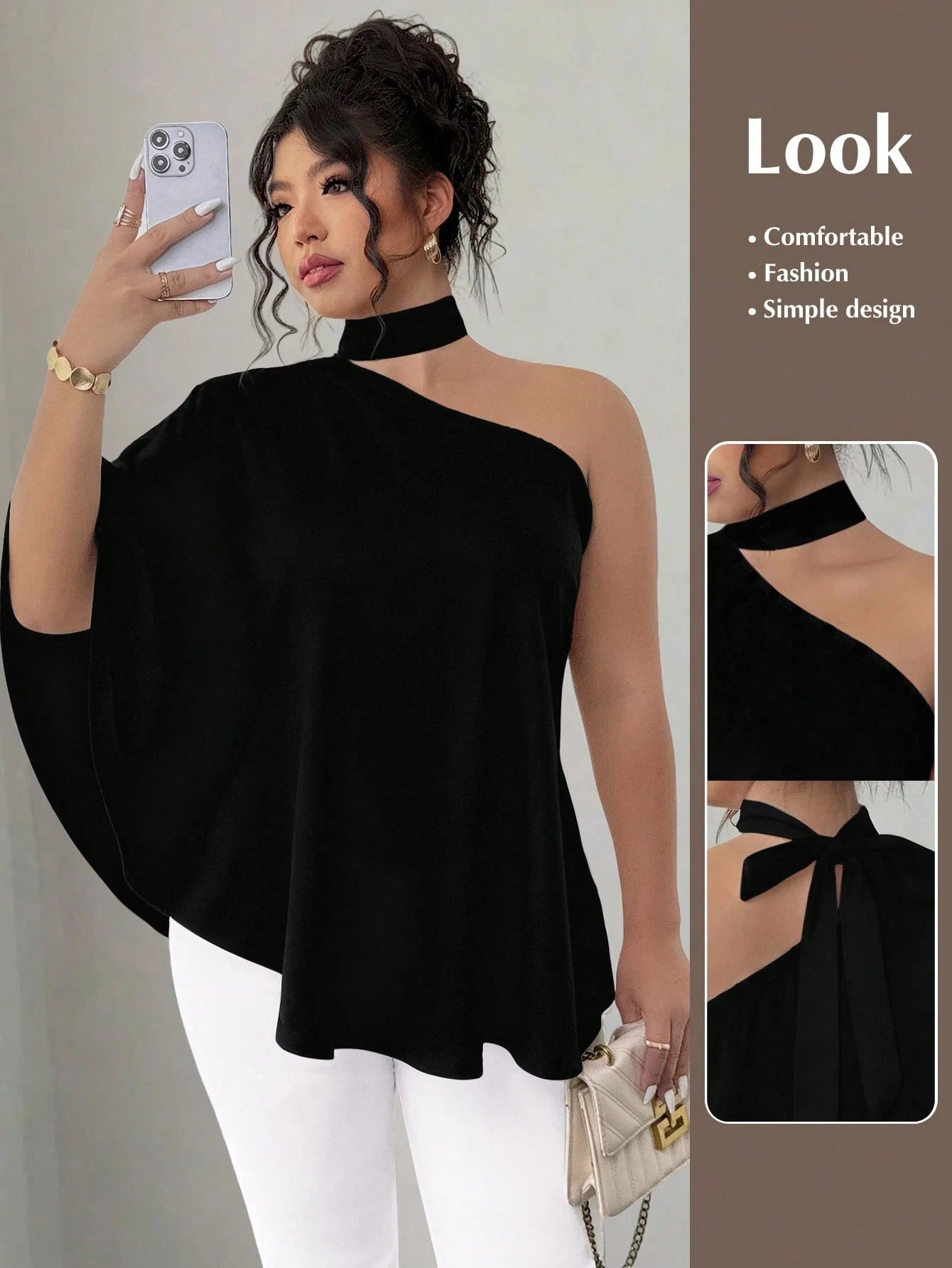 Elenzya White Casual Plus Size Asymmetrical Neck Batwing Sleeve Blouse Regular Length Fall
