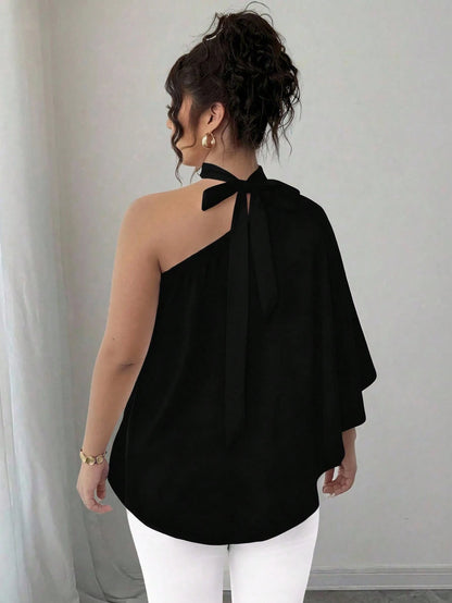 Elenzya White Casual Plus Size Asymmetrical Neck Batwing Sleeve Blouse Regular Length Fall