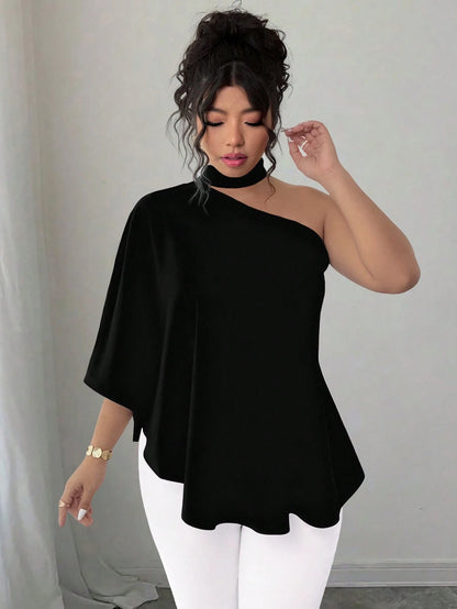 Elenzya White Casual Plus Size Asymmetrical Neck Batwing Sleeve Blouse Regular Length Fall