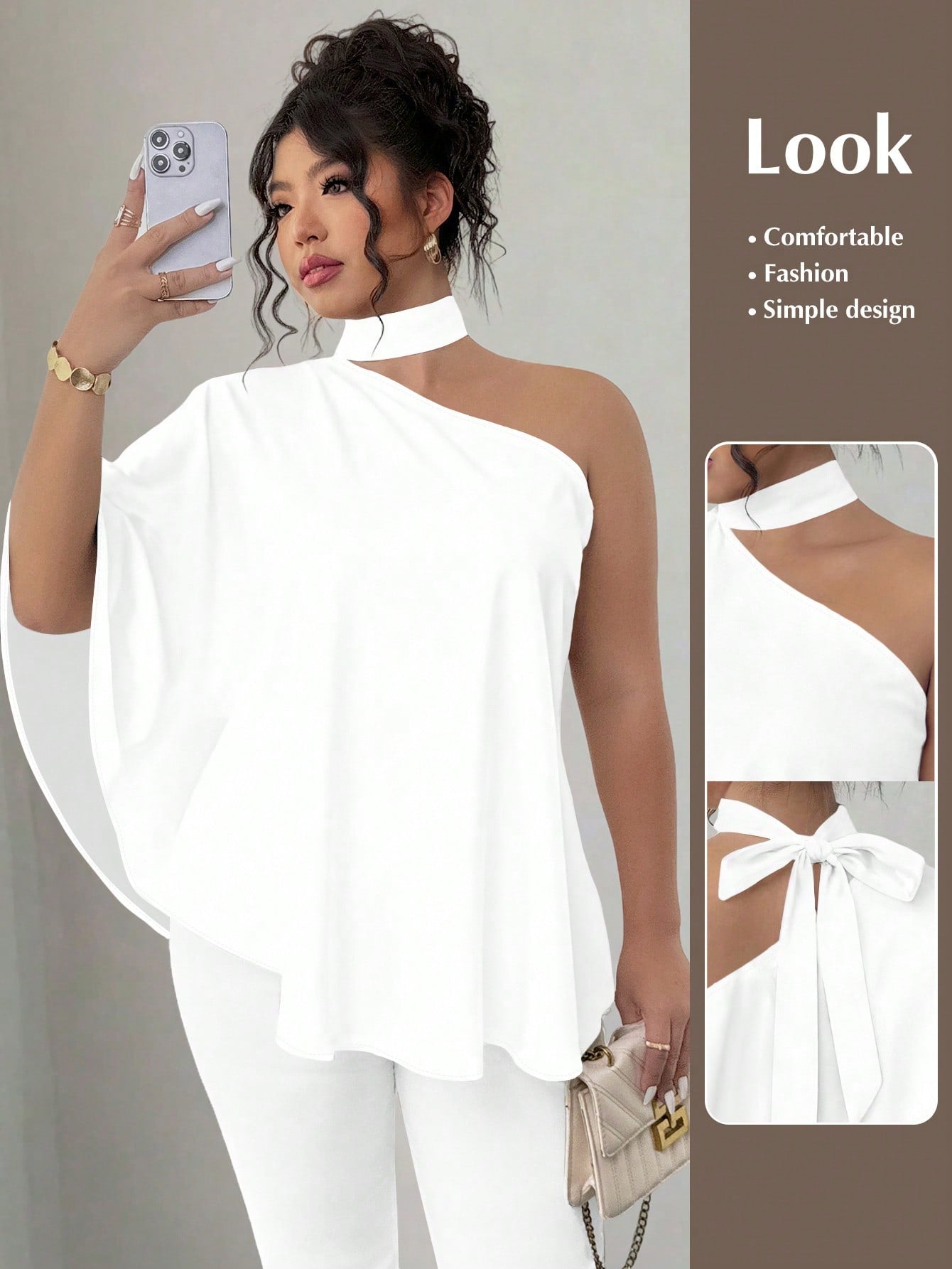 Elenzya White Casual Plus Size Asymmetrical Neck Batwing Sleeve Blouse Regular Length Fall