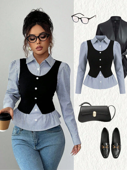 Elenzya Women's Blue And White Stripe Collared V-Neck Waist Cinched Elegant Patchwork Ribbed Top,Sophisticated School Back-To-School Teacher's Style,Autumn