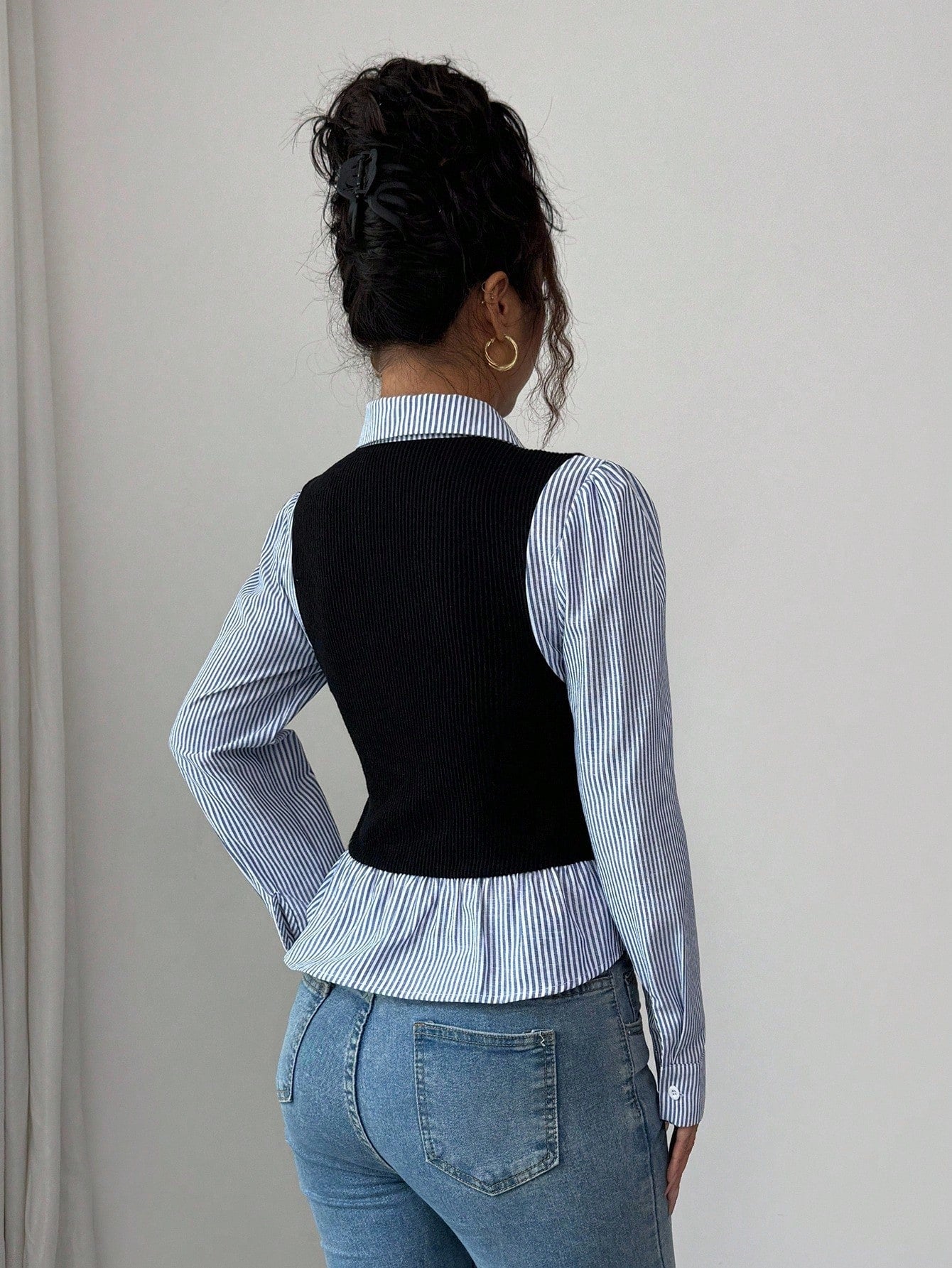 Elenzya Women's Blue And White Stripe Collared V-Neck Waist Cinched Elegant Patchwork Ribbed Top,Sophisticated School Back-To-School Teacher's Style,Autumn