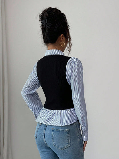 Elenzya Women's Blue And White Stripe Collared V-Neck Waist Cinched Elegant Patchwork Ribbed Top,Sophisticated School Back-To-School Teacher's Style,Autumn