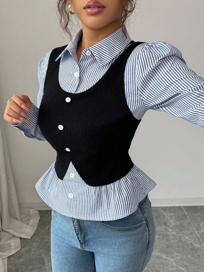 Elenzya Women's Blue And White Stripe Collared V-Neck Waist Cinched Elegant Patchwork Ribbed Top,Sophisticated School Back-To-School Teacher's Style,Autumn