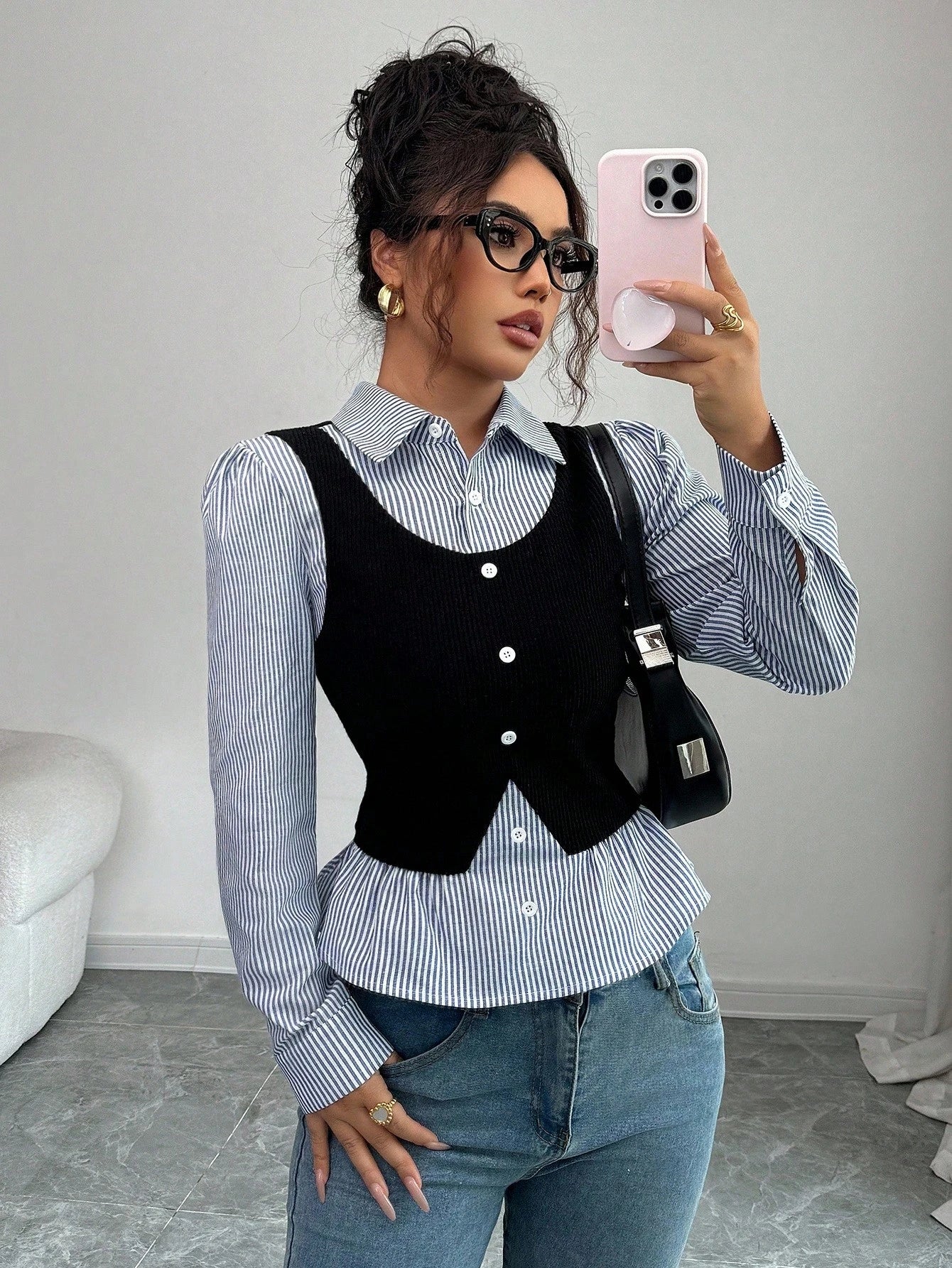 Elenzya Women's Blue And White Stripe Collared V-Neck Waist Cinched Elegant Patchwork Ribbed Top,Sophisticated School Back-To-School Teacher's Style,Autumn