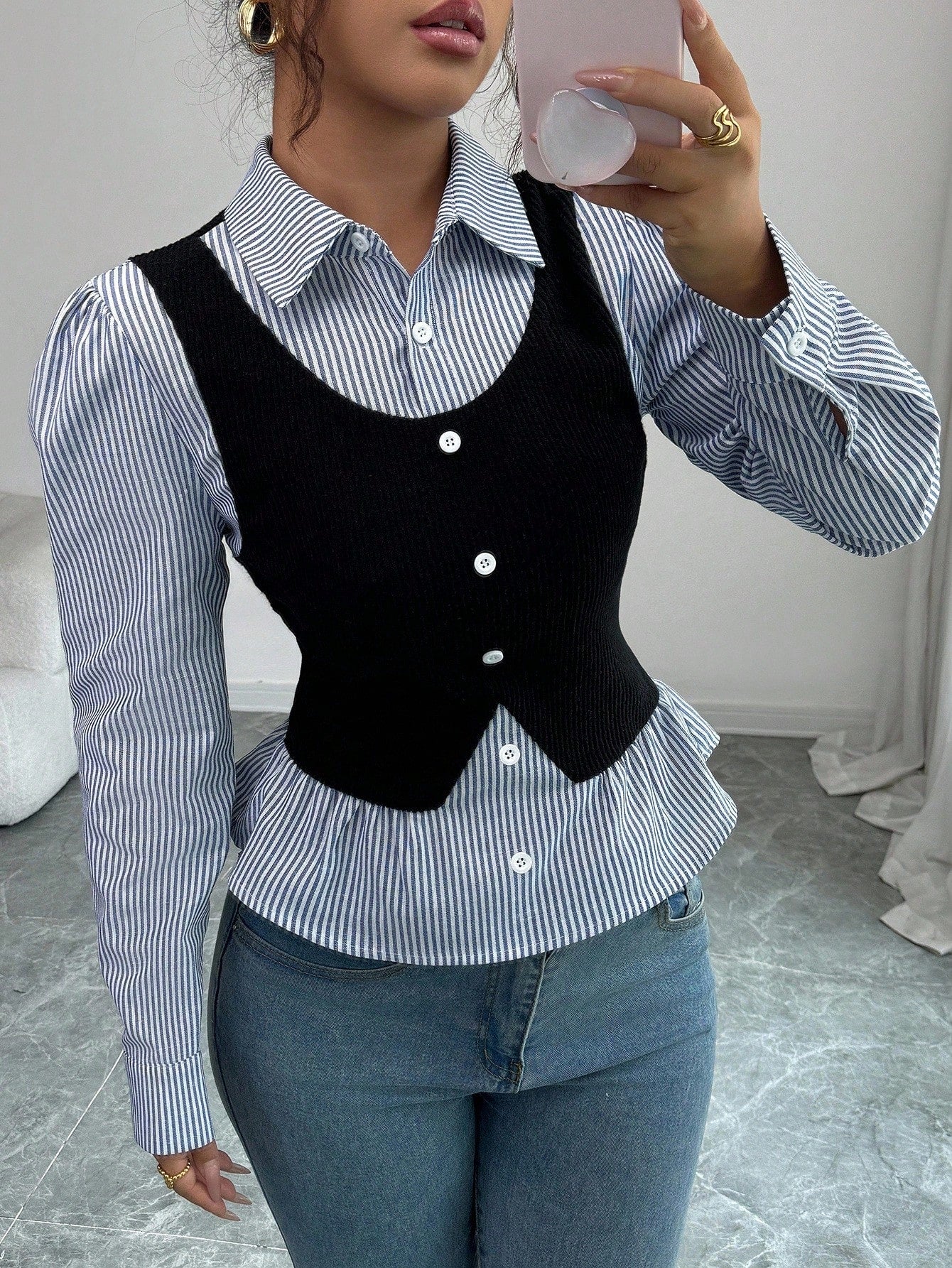 Elenzya Women's Blue And White Stripe Collared V-Neck Waist Cinched Elegant Patchwork Ribbed Top,Sophisticated School Back-To-School Teacher's Style,Autumn