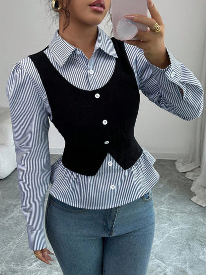 Elenzya Women's Blue And White Stripe Collared V-Neck Waist Cinched Elegant Patchwork Ribbed Top,Sophisticated School Back-To-School Teacher's Style,Autumn
