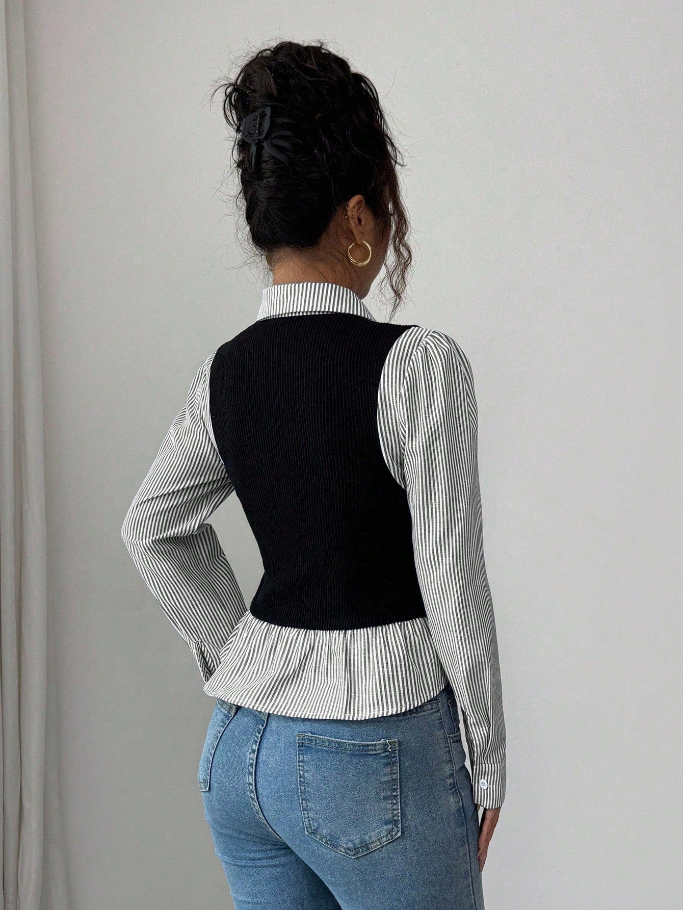 Elenzya Women's Blue And White Stripe Collared V-Neck Waist Cinched Elegant Patchwork Ribbed Top,Sophisticated School Back-To-School Teacher's Style,Autumn