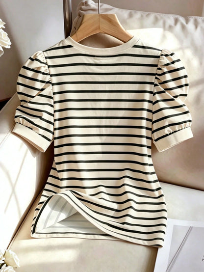 Elenzya Women's Striped Contrast Color Elegant Round Neck Puff Sleeve Top, Round Neck Casual Comfortable Puff Sleeve Short Sleeve T-Shirt, Suitable For Daily Casual Wear