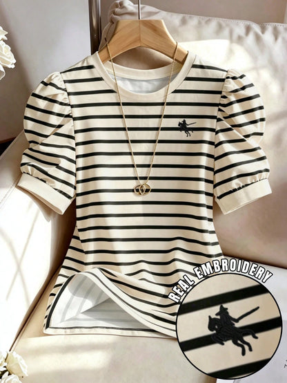 Elenzya Women's Striped Contrast Color Elegant Round Neck Puff Sleeve Top, Round Neck Casual Comfortable Puff Sleeve Short Sleeve T-Shirt, Suitable For Daily Casual Wear