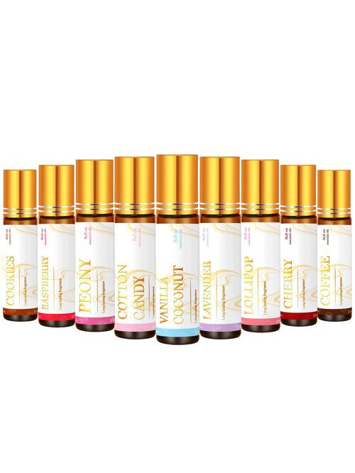 EMBRACEX. 10ml/0.33fl Oz Essential Oil Roll-On Fragrance, Scents: Coconut Vanilla, Angel Chocolate, Musk Chocolate, Vanilla Cherry, Mint Coffee, Candy Cookie, Lavender Peony, Cotton Candy, Blackberry