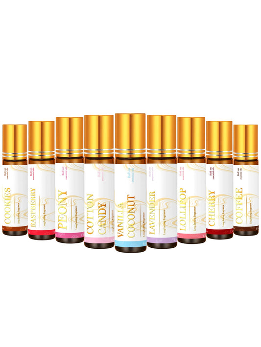 EMBRACEX. 10ml/0.33fl Oz Essential Oil Roll-On Fragrance, Scents: Coconut Vanilla, Angel Chocolate, Musk Chocolate, Vanilla Cherry, Mint Coffee, Candy Cookie, Lavender Peony, Cotton Candy, Blackberry