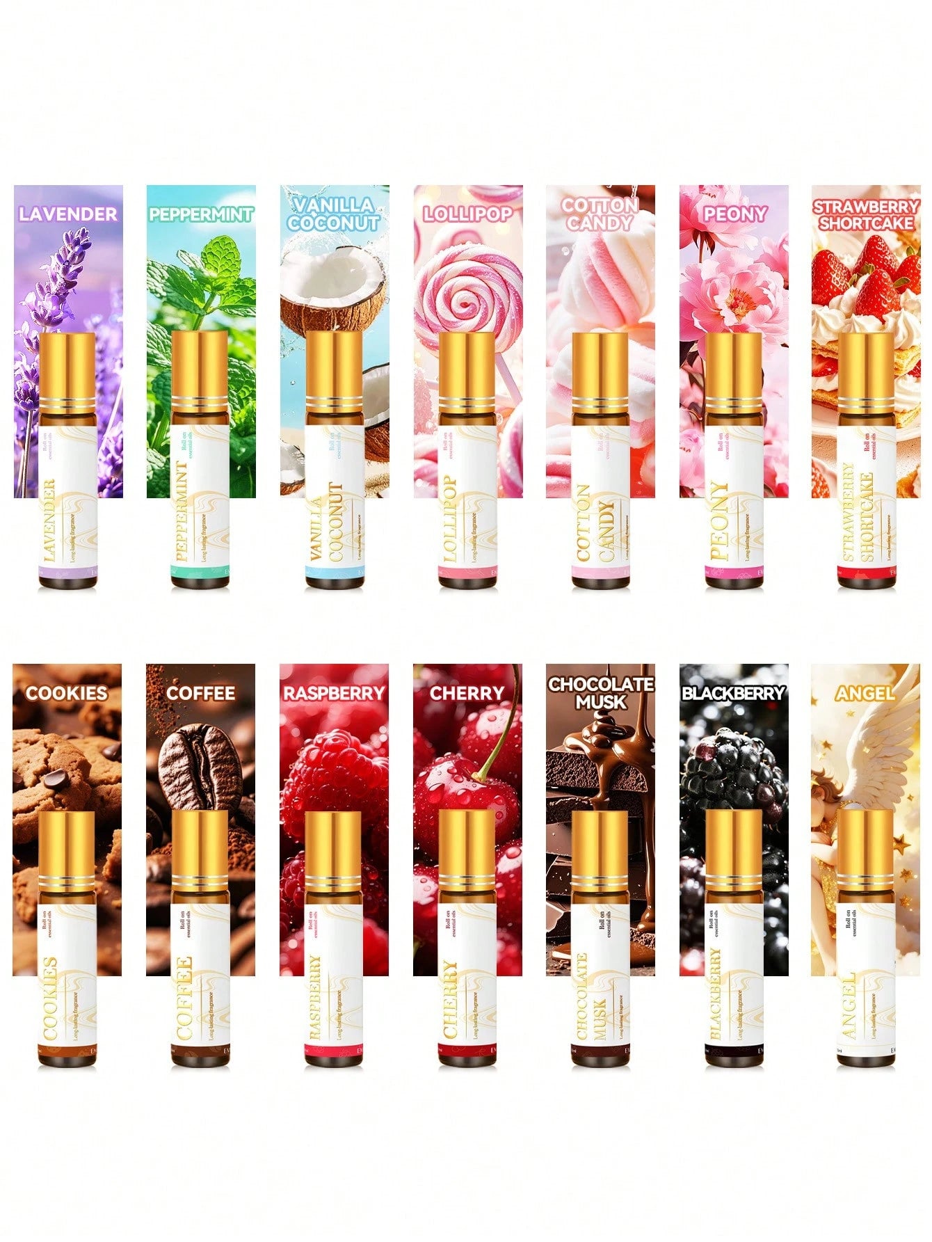 EMBRACEX. 10ml/0.33fl Oz Essential Oil Roll-On Fragrance, Scents: Coconut Vanilla, Angel Chocolate, Musk Chocolate, Vanilla Cherry, Mint Coffee, Candy Cookie, Lavender Peony, Cotton Candy, Blackberry