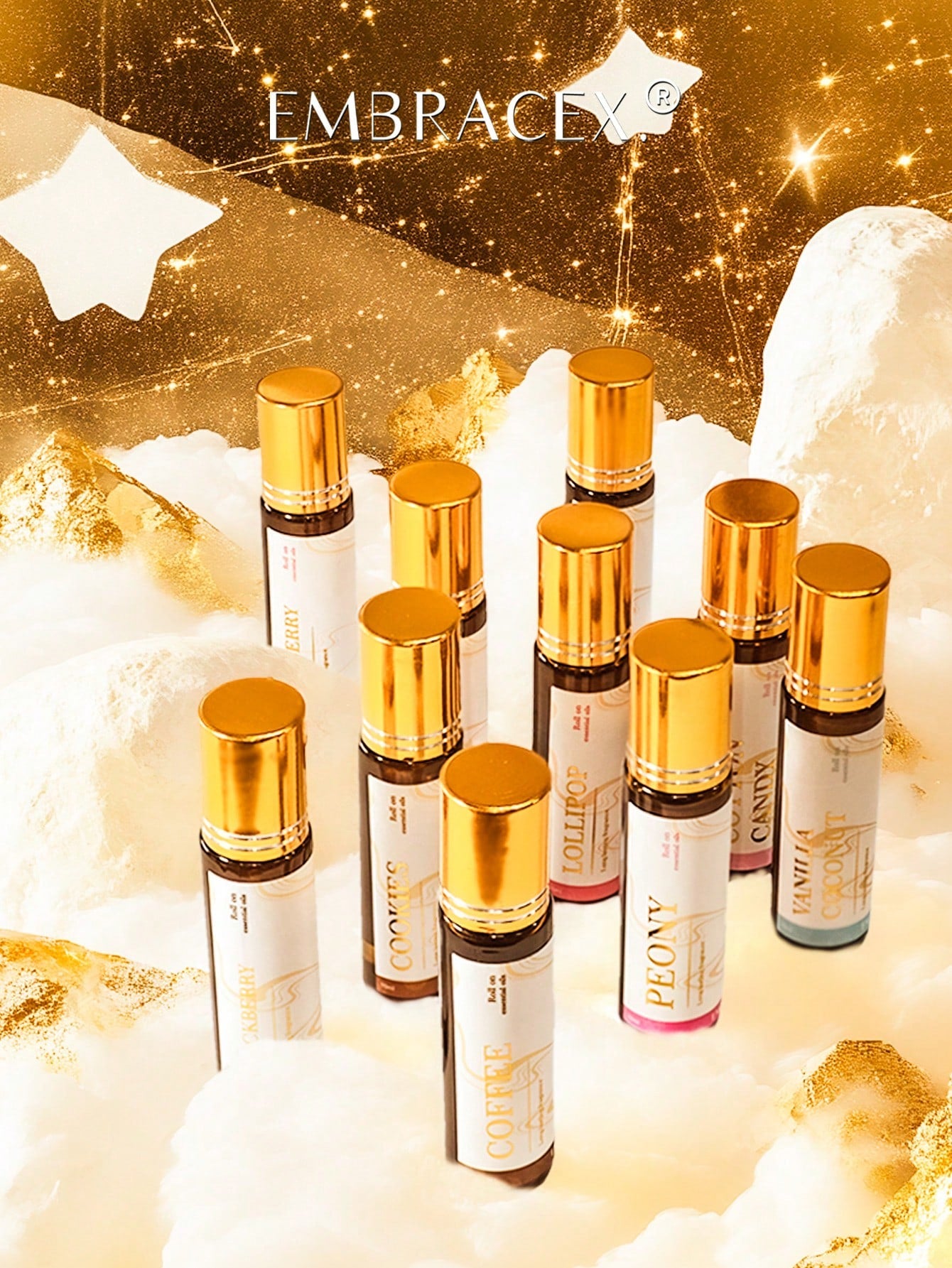 EMBRACEX. 10ml/0.33fl Oz Essential Oil Roll-On Fragrance, Scents: Coconut Vanilla, Angel Chocolate, Musk Chocolate, Vanilla Cherry, Mint Coffee, Candy Cookie, Lavender Peony, Cotton Candy, Blackberry