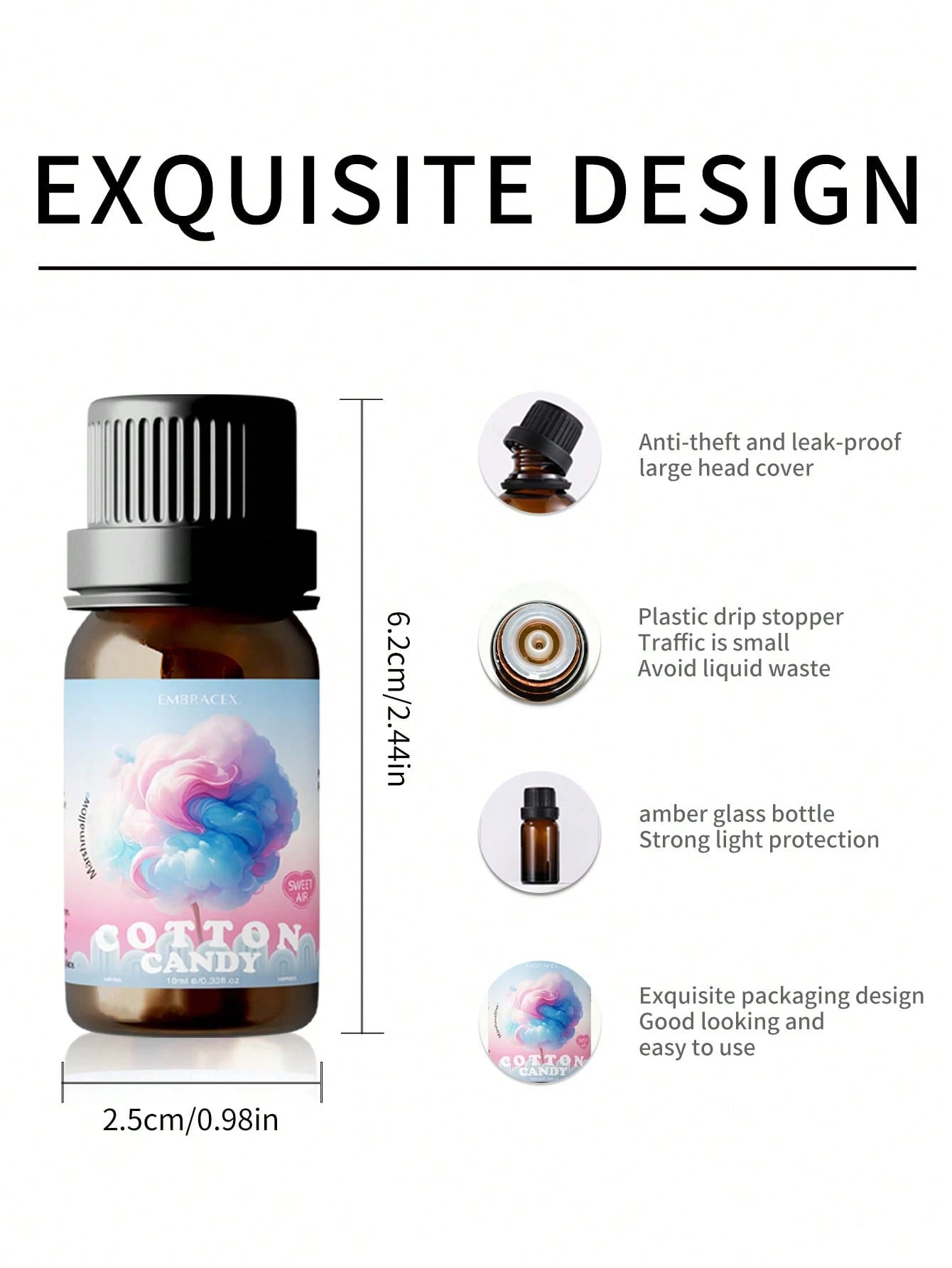EMBRACEX. 10ml Cotton Candy/Marshmallow Fragrance Essential Oil, Sweet & Long-Lasting Cotton Candy Scent, Suitable For Car Diffuser, Home Or Outdoor Use, Compatible With Humidifier, Aroma Diffuser, Ra